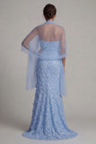 Sparkly Sky Blue Mermaid Floral Sequin Long Mother of the Bride Dress