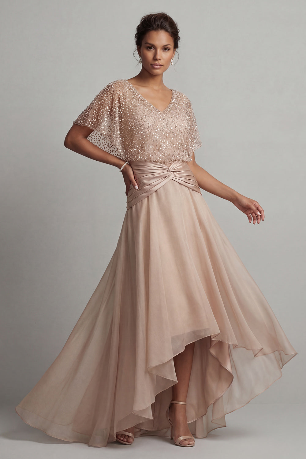 Zapaka Women Sparkly Champagne Long Mother of the Bride Dress V-Neck Ruched Sequin Chiffon Short Sleeves A Line Wedding Guest Dress, Champagne / US14