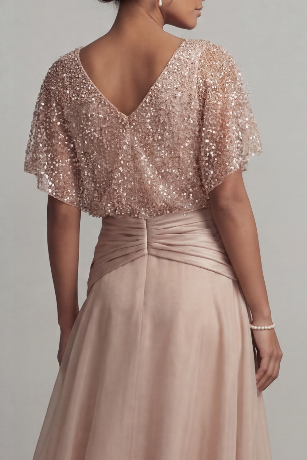 Zapaka Women Sparkly Champagne Long Mother of the Bride Dress V-Neck