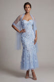 Floral Maxi Sparkly Sky Blue Mermaid Sequin Mother of the Bride Dress