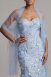 Floral Maxi Sparkly Sky Blue Mermaid Sequin Mother of the Bride Dress