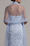 Floral Maxi Sparkly Sky Blue Mermaid Sequin Mother of the Bride Dress