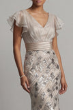 Sparkly Apricot Mermaid Sequin Long Mother of the Bride Dress with Ruffles