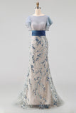 Floral Mermaid Long Dusty Blue Mother of the Bride Dress with Ruffles