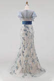 Floral Mermaid Long Dusty Blue Mother of the Bride Dress with Ruffles