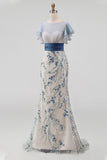 Floral Mermaid Long Dusty Blue Mother of the Bride Dress with Ruffles