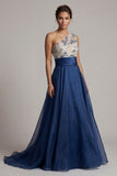 Navy A Line Floral Long One Shoulder Mother of the Bride Dress