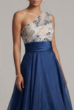 Navy A Line Floral Long One Shoulder Mother of the Bride Dress