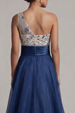 Navy A Line Floral Long One Shoulder Mother of the Bride Dress