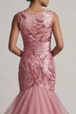 Sparkly Pink Long Mermaid Sequin Mother of the Bride Dress with Ruffles