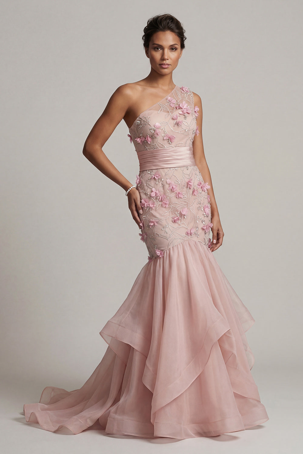 Zapaka Women Blush Floral Long Mother of the Bride Dress One Shoulder