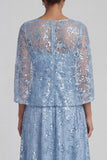 A Line Floral Long Sparkly Sky Blue Sequin Mother of the Bride Dress with Slit