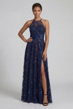 Sparkly Navy Floral A Line Sequin Long Mother of the Bride Dress