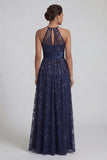 Sparkly Navy Floral A Line Sequin Long Mother of the Bride Dress