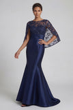 Sparkly Navy Mermaid Satin Floral Long Mother of the Bride Dress with Cape