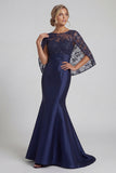 Sparkly Navy Mermaid Satin Floral Long Mother of the Bride Dress with Cape