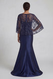 Sparkly Navy Mermaid Satin Floral Long Mother of the Bride Dress with Cape