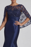 Sparkly Navy Mermaid Satin Floral Long Mother of the Bride Dress with Cape