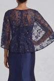 Sparkly Navy Mermaid Satin Floral Long Mother of the Bride Dress with Cape