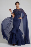 Sparkly Navy Ruffled Floral Mermaid Long Mother of the Bride Dress with Cape