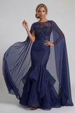 Sparkly Navy Ruffled Floral Mermaid Long Mother of the Bride Dress with Cape