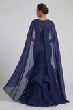 Sparkly Navy Ruffled Floral Mermaid Long Mother of the Bride Dress with Cape