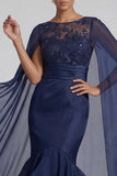 Sparkly Navy Ruffled Floral Mermaid Long Mother of the Bride Dress with Cape