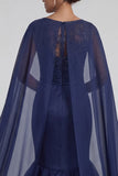 Sparkly Navy Ruffled Floral Mermaid Long Mother of the Bride Dress with Cape