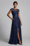 Sparkly Navy Sequin A Line Floral Long Mother of the Bride Dress with Pocket
