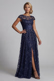 Sparkly Navy Sequin A Line Floral Long Mother of the Bride Dress with Pocket