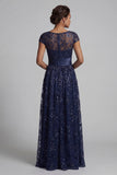 Sparkly Navy Sequin A Line Floral Long Mother of the Bride Dress with Pocket