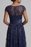 Sparkly Navy Sequin A Line Floral Long Mother of the Bride Dress with Pocket