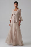 Champagne 2 Piece Long Sleeves Lace Mother of the Bride Dress