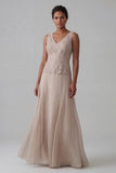 Champagne 2 Piece Long Sleeves Lace Mother of the Bride Dress