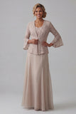 Champagne 2 Piece Long Sleeves Lace Mother of the Bride Dress