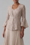 Champagne 2 Piece Long Sleeves Lace Mother of the Bride Dress