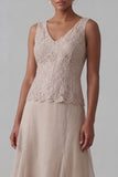 Champagne 2 Piece Long Sleeves Lace Mother of the Bride Dress
