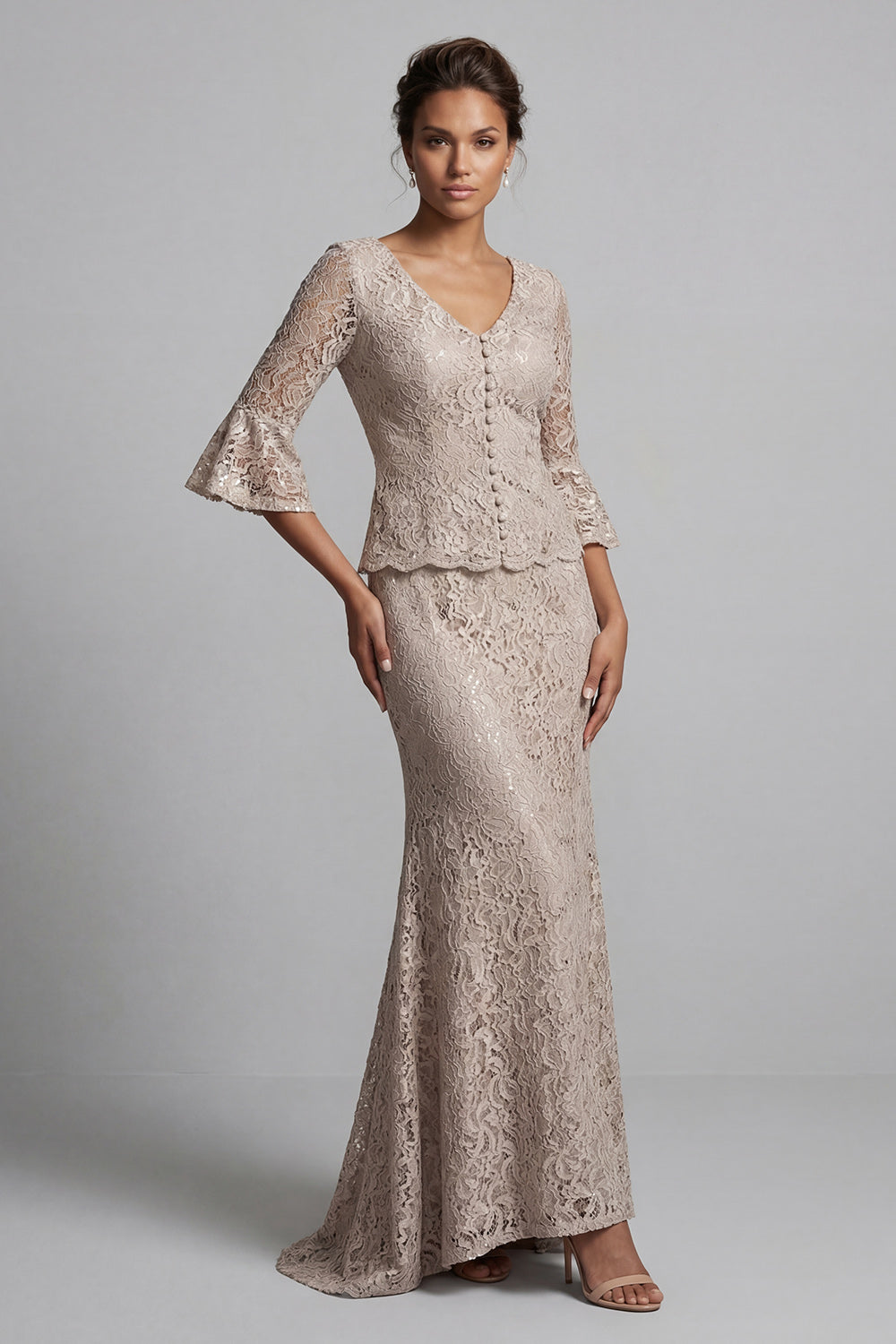 Zapaka Women Champagne Lace Floral Long Mother of the Bride Dress with Sleeves Mermaid V-Neck Wedding Guest Dress, Champagne / US16W