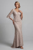 Champagne Mermaid 2 Piece Lace Floral Long Mother of the Bride Dress