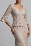 Champagne Mermaid 2 Piece Lace Floral Long Mother of the Bride Dress