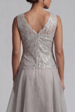 Light Grey Ruffled Lace 2 Piece Long Mother of the Bride Dress