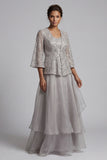 Light Grey Ruffled Lace 2 Piece Long Mother of the Bride Dress