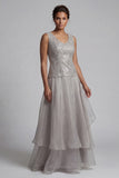 Light Grey Ruffled Lace 2 Piece Long Mother of the Bride Dress