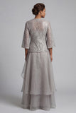 Light Grey Ruffled Lace 2 Piece Long Mother of the Bride Dress