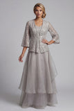 Light Grey Ruffled Lace 2 Piece Long Mother of the Bride Dress