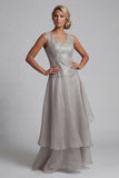 Light Grey Ruffled Lace 2 Piece Long Mother of the Bride Dress