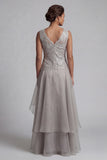 Light Grey Ruffled Lace 2 Piece Long Mother of the Bride Dress