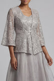 Light Grey Ruffled Lace 2 Piece Long Mother of the Bride Dress