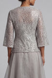 Light Grey Ruffled Lace 2 Piece Long Mother of the Bride Dress