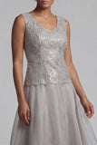 Light Grey Ruffled Lace 2 Piece Long Mother of the Bride Dress